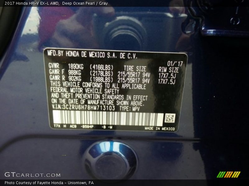 Deep Ocean Pearl / Gray 2017 Honda HR-V EX-L AWD