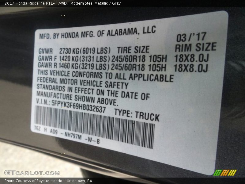 Modern Steel Metallic / Gray 2017 Honda Ridgeline RTL-T AWD