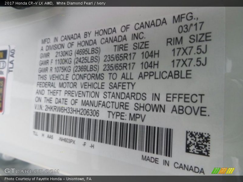 White Diamond Pearl / Ivory 2017 Honda CR-V LX AWD