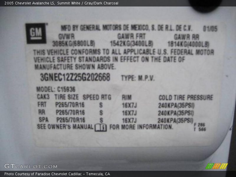 Summit White / Gray/Dark Charcoal 2005 Chevrolet Avalanche LS