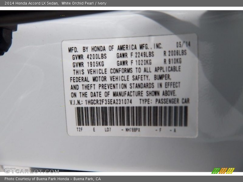 White Orchid Pearl / Ivory 2014 Honda Accord LX Sedan