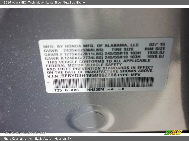 Lunar Silver Metallic / Ebony 2016 Acura MDX Technology