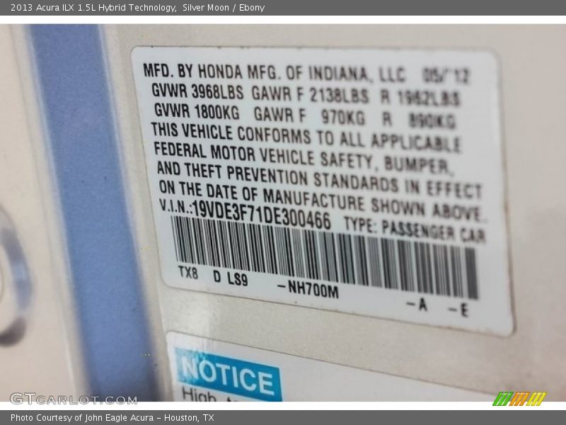 Silver Moon / Ebony 2013 Acura ILX 1.5L Hybrid Technology