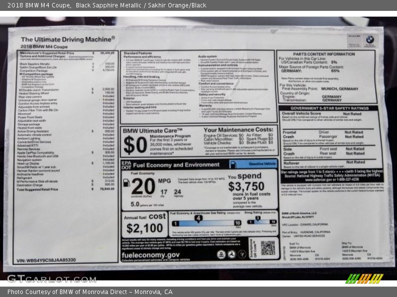  2018 M4 Coupe Window Sticker