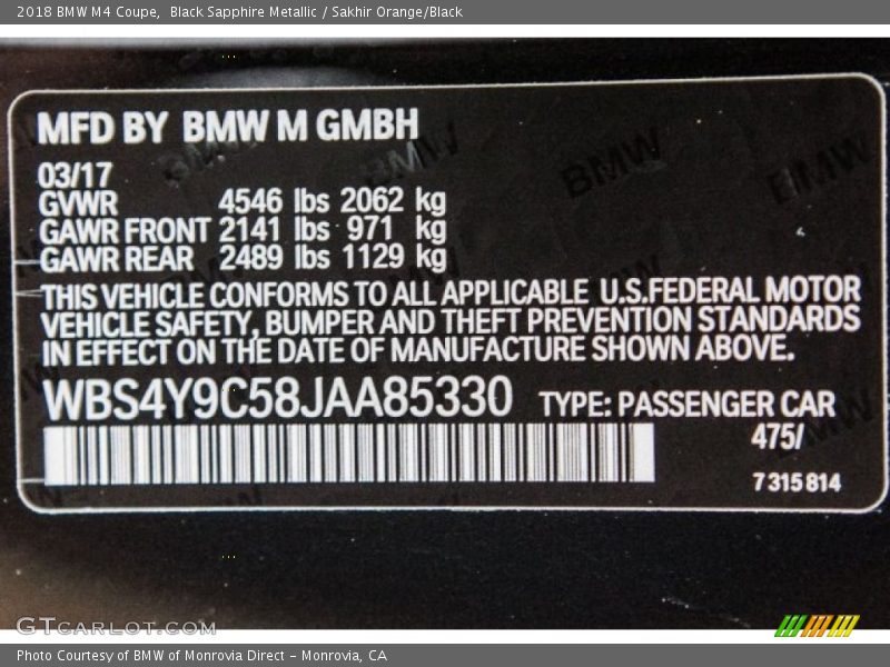 2018 M4 Coupe Black Sapphire Metallic Color Code 475