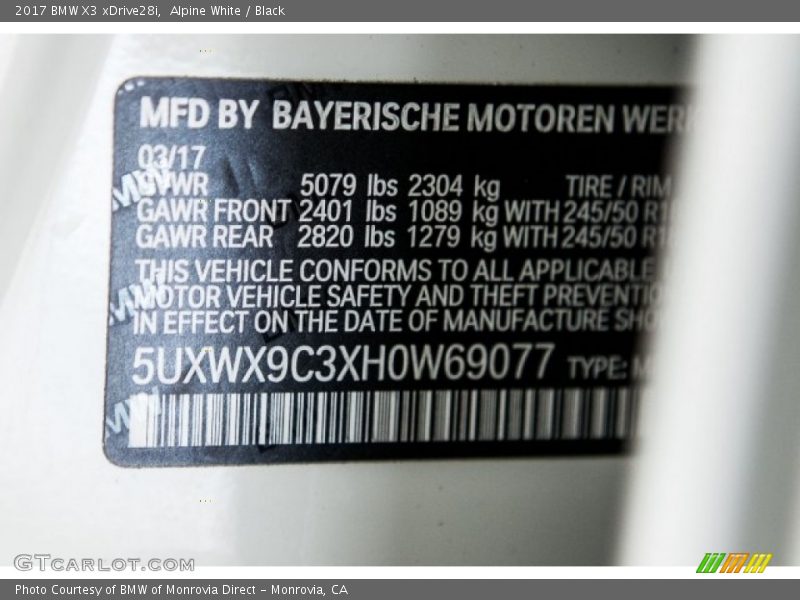 Alpine White / Black 2017 BMW X3 xDrive28i