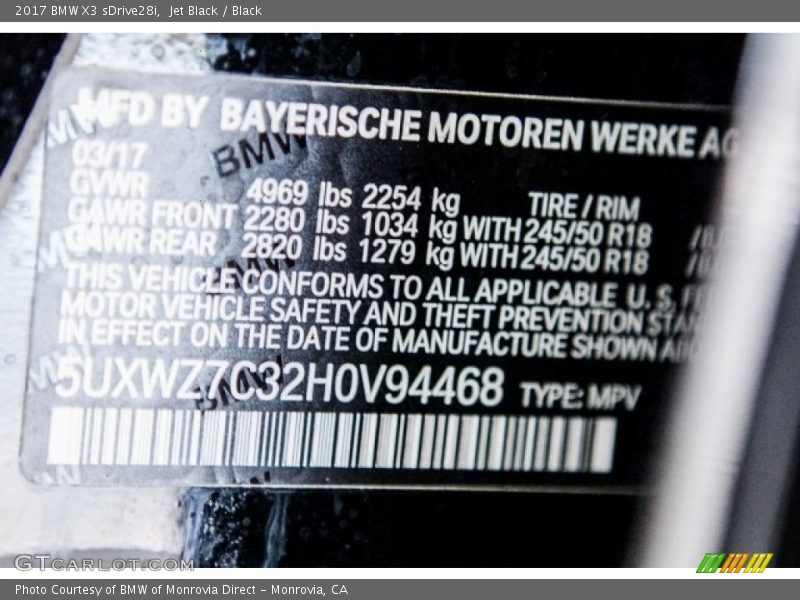Jet Black / Black 2017 BMW X3 sDrive28i