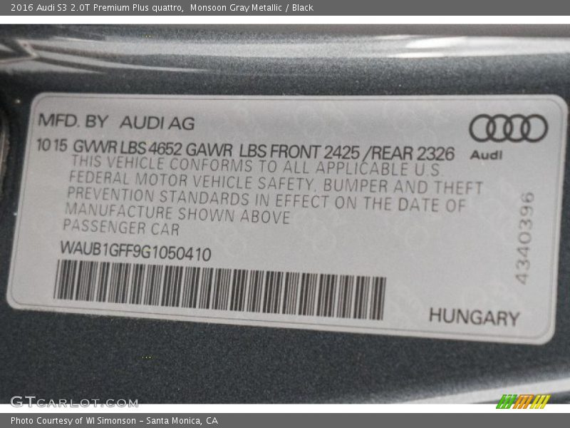 Monsoon Gray Metallic / Black 2016 Audi S3 2.0T Premium Plus quattro