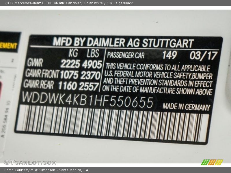 2017 C 300 4Matic Cabriolet Polar White Color Code 149