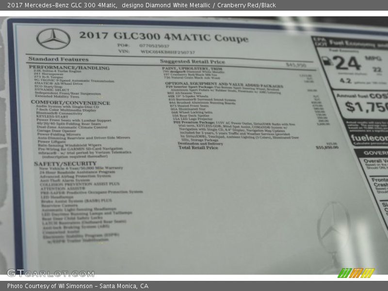  2017 GLC 300 4Matic Window Sticker