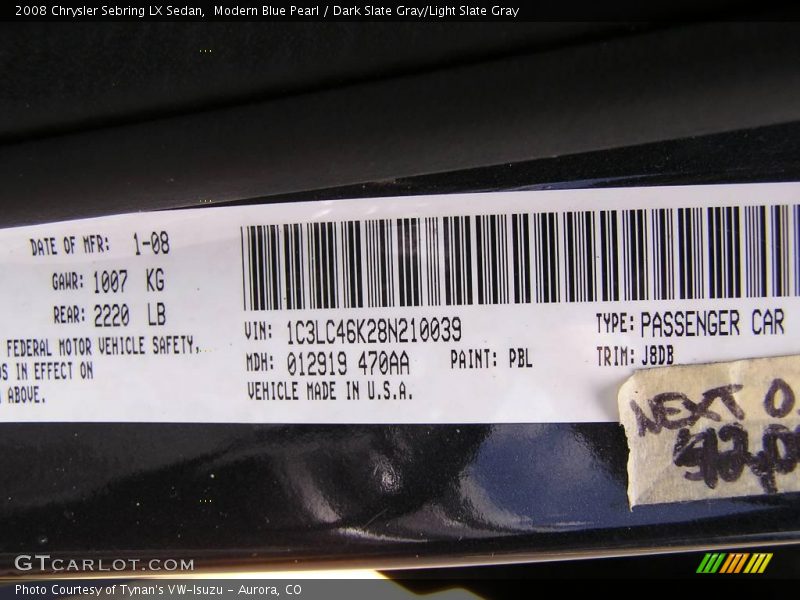 Modern Blue Pearl / Dark Slate Gray/Light Slate Gray 2008 Chrysler Sebring LX Sedan