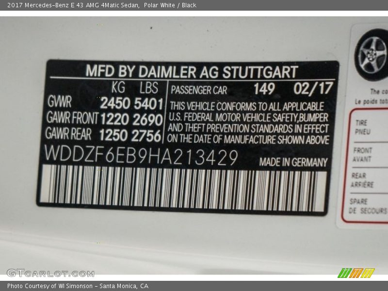 2017 E 43 AMG 4Matic Sedan Polar White Color Code 149