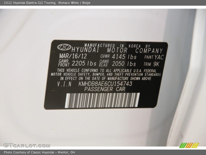 Monaco White / Beige 2012 Hyundai Elantra GLS Touring