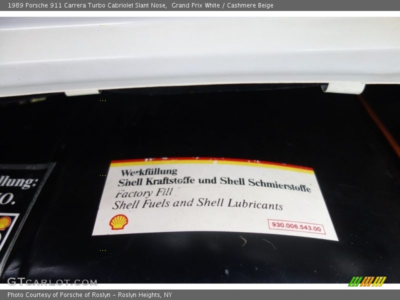 Info Tag of 1989 911 Carrera Turbo Cabriolet Slant Nose