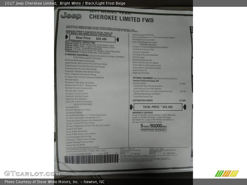 Bright White / Black/Light Frost Beige 2017 Jeep Cherokee Limited
