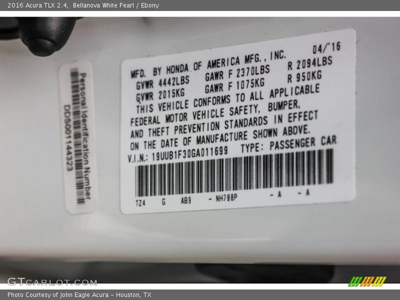 Bellanova White Pearl / Ebony 2016 Acura TLX 2.4