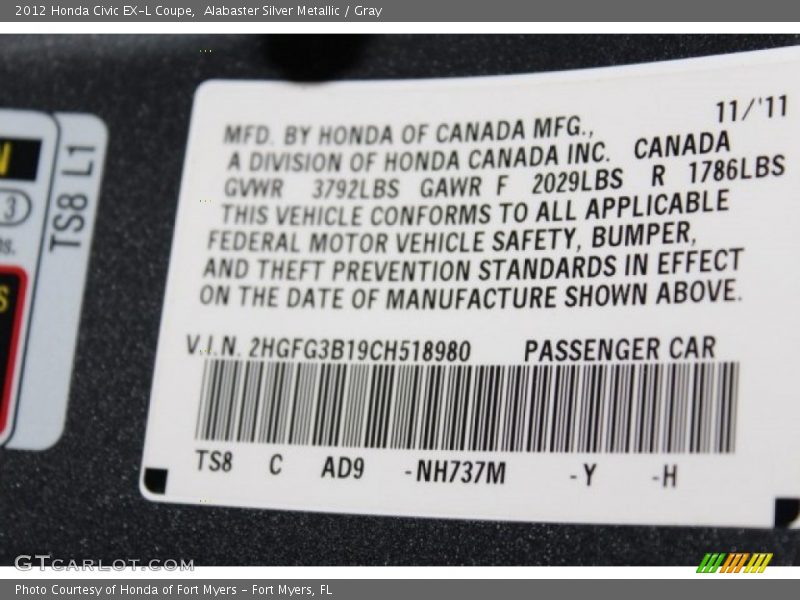 Alabaster Silver Metallic / Gray 2012 Honda Civic EX-L Coupe