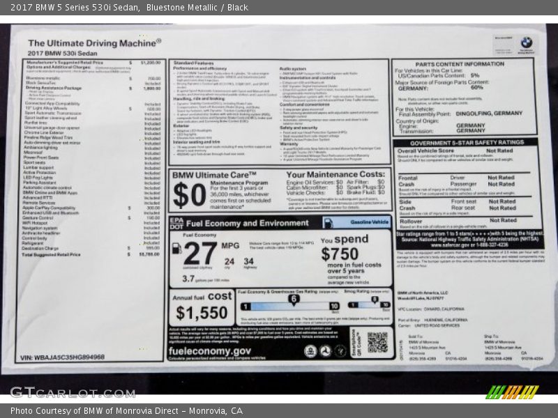 Bluestone Metallic / Black 2017 BMW 5 Series 530i Sedan