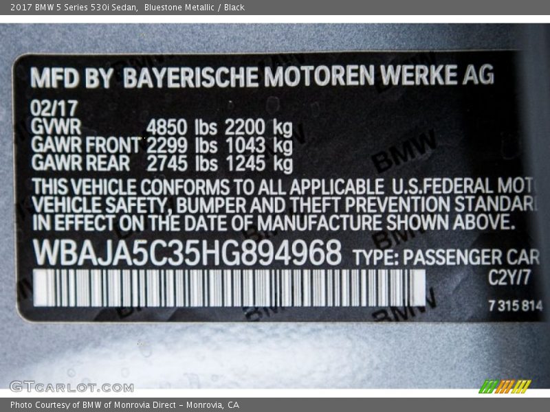 Bluestone Metallic / Black 2017 BMW 5 Series 530i Sedan