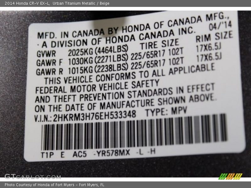 Urban Titanium Metallic / Beige 2014 Honda CR-V EX-L