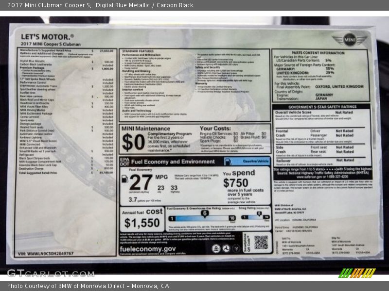  2017 Clubman Cooper S Window Sticker
