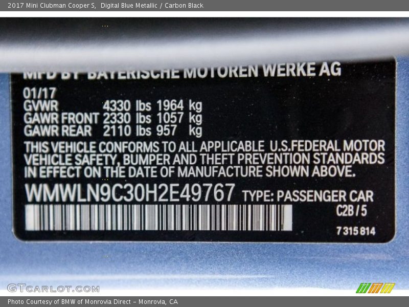 2017 Clubman Cooper S Digital Blue Metallic Color Code C2B