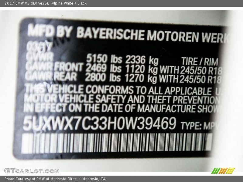 Alpine White / Black 2017 BMW X3 xDrive35i