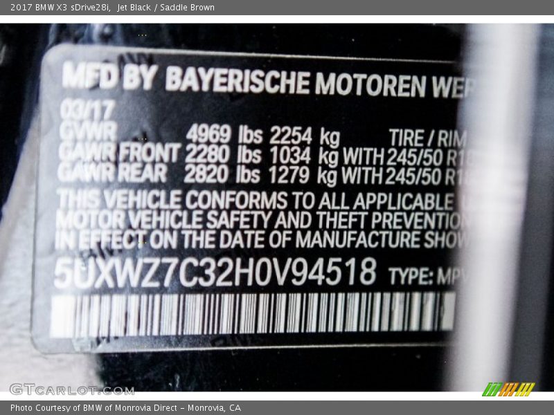 Jet Black / Saddle Brown 2017 BMW X3 sDrive28i