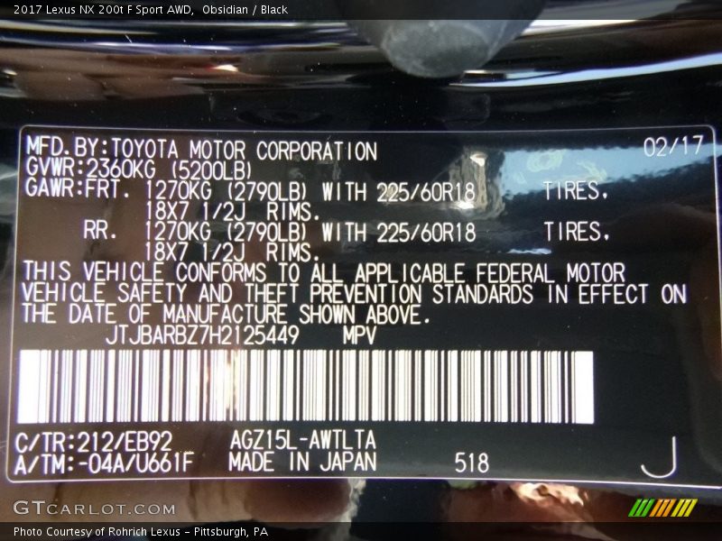 Obsidian / Black 2017 Lexus NX 200t F Sport AWD