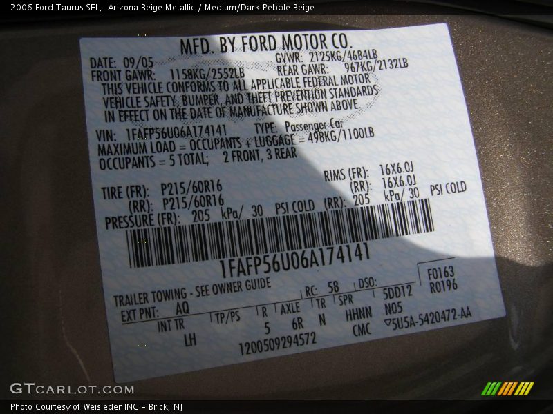 Arizona Beige Metallic / Medium/Dark Pebble Beige 2006 Ford Taurus SEL