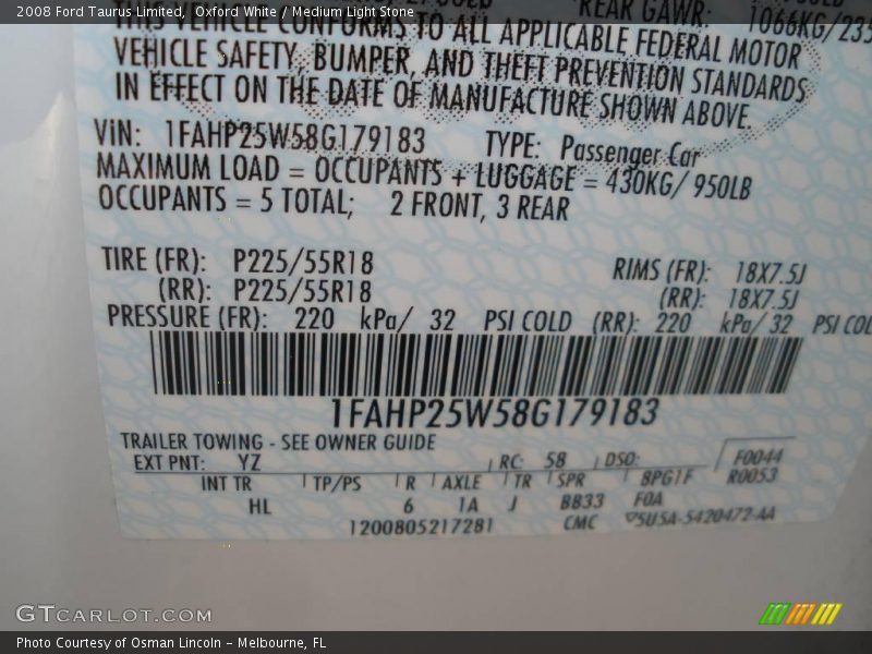 Oxford White / Medium Light Stone 2008 Ford Taurus Limited