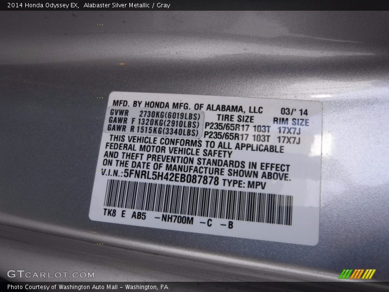 Alabaster Silver Metallic / Gray 2014 Honda Odyssey EX