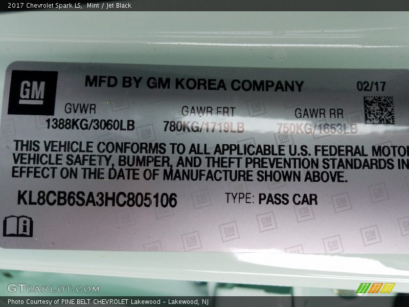 Mint / Jet Black 2017 Chevrolet Spark LS