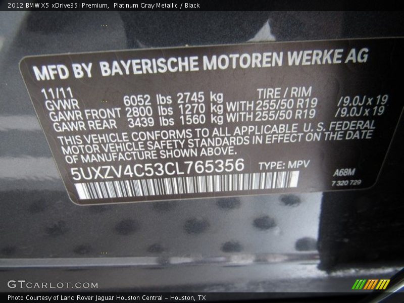 Platinum Gray Metallic / Black 2012 BMW X5 xDrive35i Premium