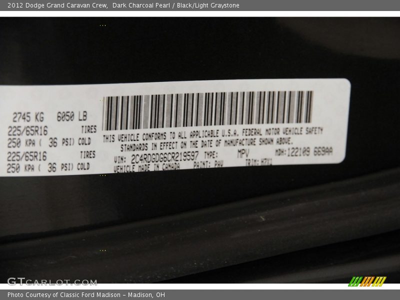Dark Charcoal Pearl / Black/Light Graystone 2012 Dodge Grand Caravan Crew