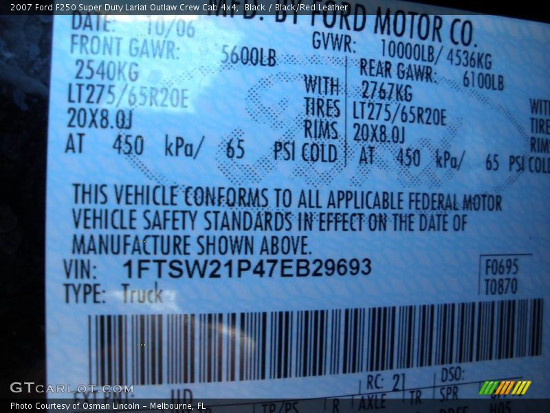 Black / Black/Red Leather 2007 Ford F250 Super Duty Lariat Outlaw Crew Cab 4x4