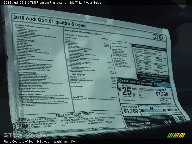  2018 Q5 2.0 TFSI Premium Plus quattro Window Sticker
