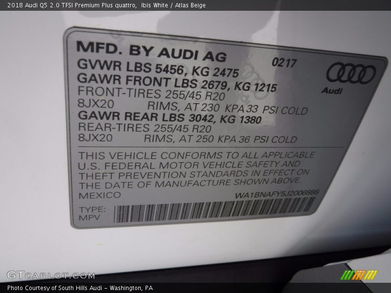Ibis White / Atlas Beige 2018 Audi Q5 2.0 TFSI Premium Plus quattro