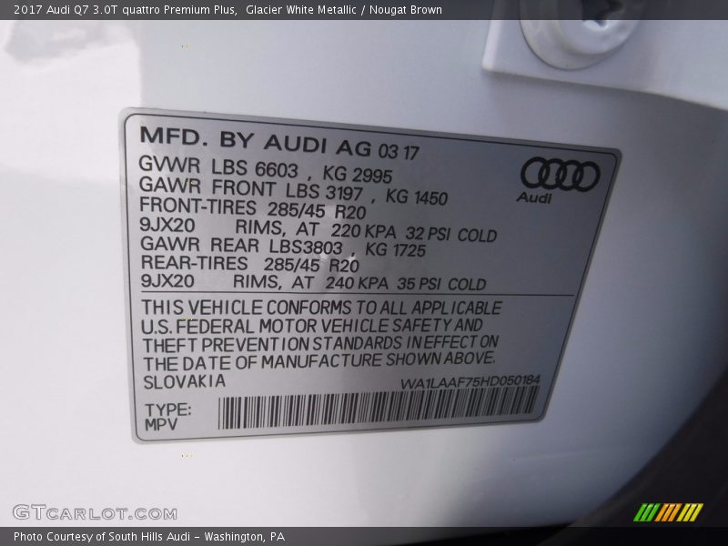 Glacier White Metallic / Nougat Brown 2017 Audi Q7 3.0T quattro Premium Plus