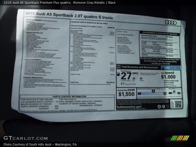  2018 A5 Sportback Premium Plus quattro Window Sticker
