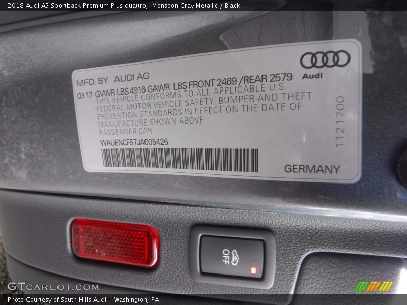Monsoon Gray Metallic / Black 2018 Audi A5 Sportback Premium Plus quattro
