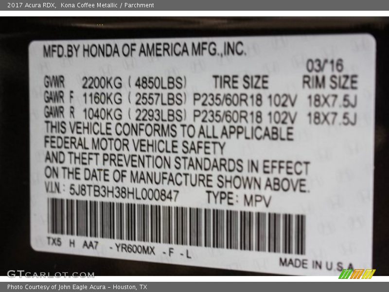 Kona Coffee Metallic / Parchment 2017 Acura RDX