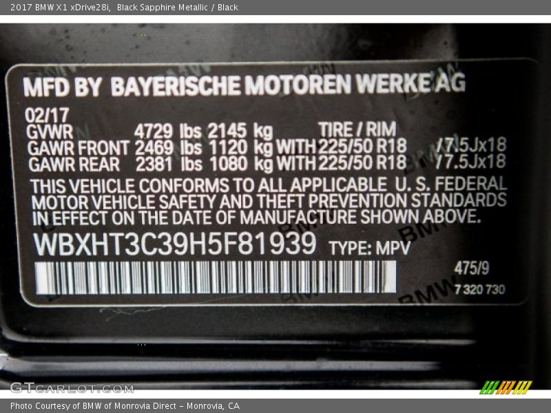 Black Sapphire Metallic / Black 2017 BMW X1 xDrive28i