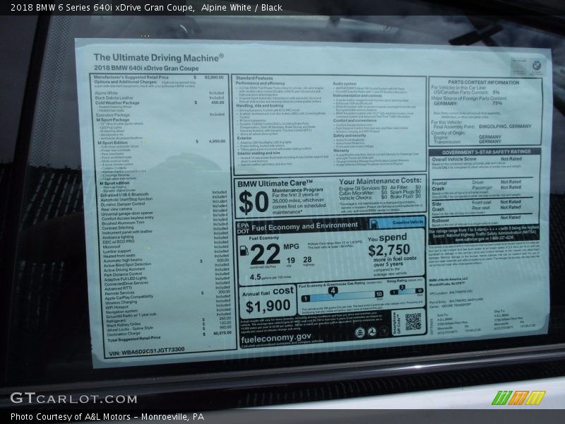  2018 6 Series 640i xDrive Gran Coupe Window Sticker