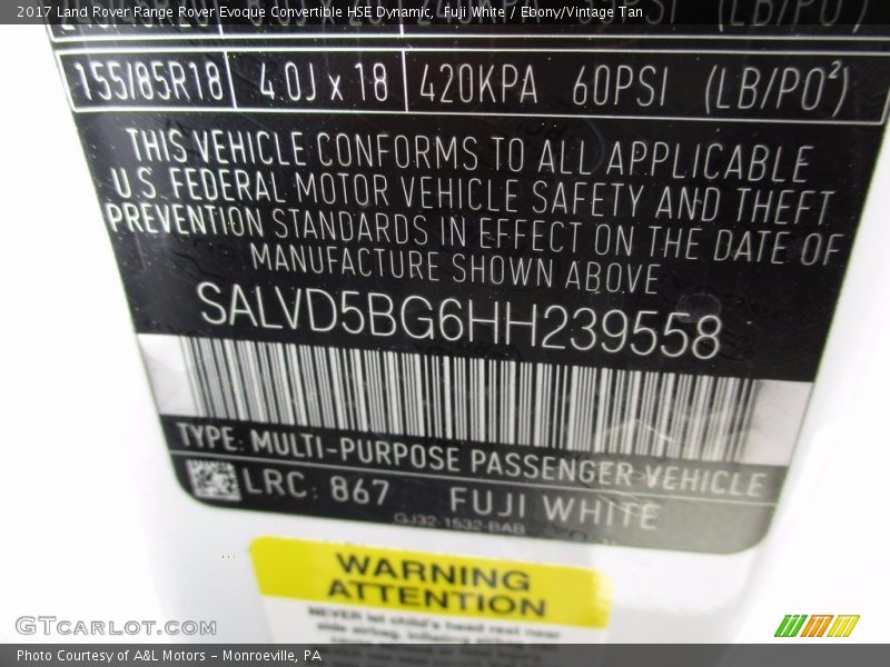 2017 Range Rover Evoque Convertible HSE Dynamic Fuji White Color Code 867