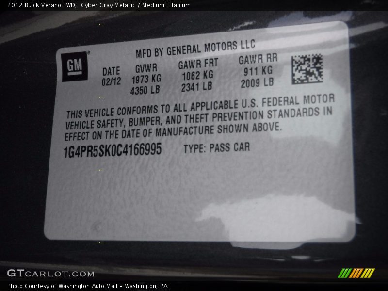 Cyber Gray Metallic / Medium Titanium 2012 Buick Verano FWD