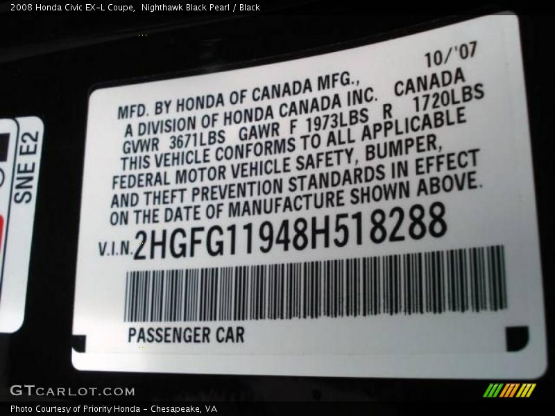 Nighthawk Black Pearl / Black 2008 Honda Civic EX-L Coupe