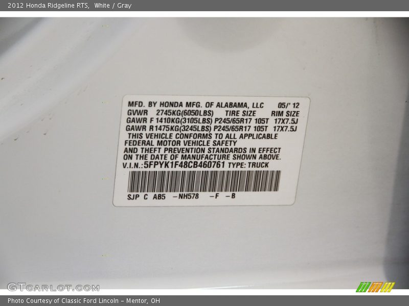 White / Gray 2012 Honda Ridgeline RTS