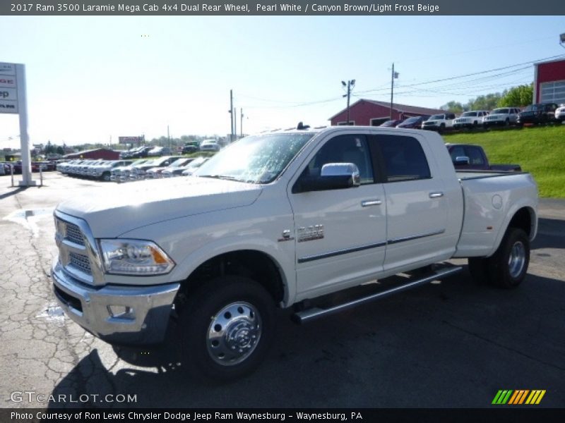 Pearl White / Canyon Brown/Light Frost Beige 2017 Ram 3500 Laramie Mega Cab 4x4 Dual Rear Wheel