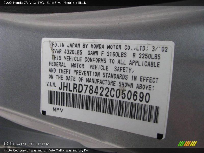 Satin Silver Metallic / Black 2002 Honda CR-V LX 4WD